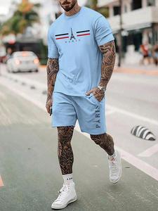 Ensemble deux pièces de t-shirts de sport pour hommes, couleur unie, tricoté, décontracté, col rond, personnalisable avec logo - Product Image 4