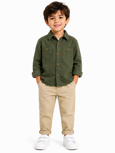 Kids Olive Green Cotton Shirt Full Sleeve Casual Button <b>Down</b> Shirt Boys Collared Utility Shirt Double Pocket Shirt Soft Fabric - Product Image 1