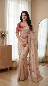 Prayosha Export Heavy Embroidered <b>Saree</b> Set Soft <b>Satin</b> Fabric Ready Made Blouse Lace Border Traditional Dress Wedding Party - Product Image 4