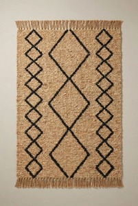 Tapis artisanal en jute à motif géométrique, style bohème, rectangulaire, pour salon, à poils ras, nettoyage localisé - Product Image 1