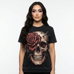 Wholesale Custom Rose Skull Graphic T <b>Shirt</b> Women Vintage Black DTG Printing Tee <b>Gothic</b> Floral Streetwear Heavy Cotton Clothing - Product Image 1