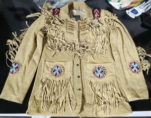 Blouson Bomber en Daim pour Homme avec Franges, Broderie Géométrique Faite Main, Col Rabattu, Capuche, Fermeture Éclair, Respirant, Coupe Décontractée Ample - Product Image 1