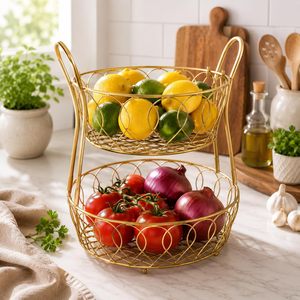 Panier à fruits en métal doré à 2 niveaux avec poignées, 25x25x45 cm - Product Image 2
