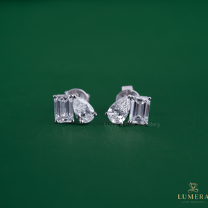 Lab Grown Diamond Emerald & Pear Two Stone Stud <b>Earrings</b> Modern Minimalist 14K Solid Gold Bridal Custom Jewelry OEM Manufacturer - Product Image 1