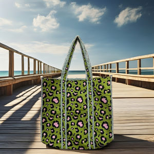 Handmade Bohemian <b>Green</b> Quilted Cotton Fashion Tote <b>Bag</b> Women Customizable Zipper Elegant Floral Print Screen Printed - Product Image 3