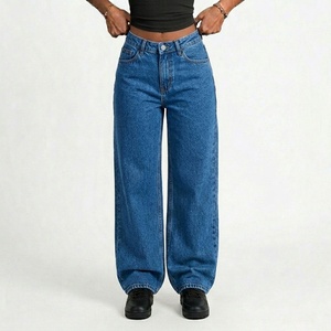 Jeans de mezclilla OEM para mujer, de cintura alta, pierna ancha, estilo urbano, ajuste holgado, lavado medio, desgastados, 240g - Product Image 6