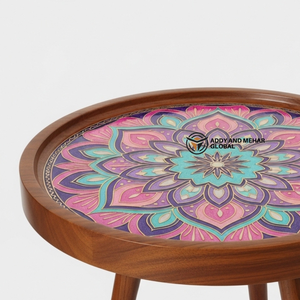 Pink Meena Design Wooden <b>Stool</b> – Handcrafted <b>Round</b> Decorative Accent <b>Stool</b> for Living Room & Bedroom - Product Image 2