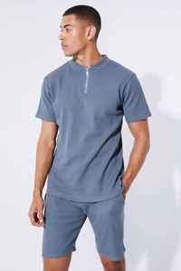 Ensemble de t-shirts à manches courtes pour homme, bleu, col zippé, en coton tricoté, décontracté, pour l'été, couleur unie, respirant - Product Image 3