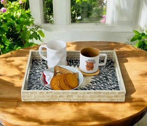 Plateau de service en nacre pour table à manger, avec bord et côtés surélevés, motif incrusté floral en mosaïque soleil éclatant R - Product Image 5