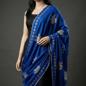 Châle-écharpe pour femme en voile de coton bleu, broderie florale en strass Schiffli, doux, léger, respirant, pour usage quotidien, toutes saisons - Product Image 1