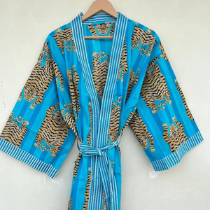 Bata Kimono de Algodón 100% Tejido con Estampado de Dibujos Animados para Mujer, Camisón de Verano Hecho a Mano, Cuello en V, Cintura Elástica, Largo Completo, Suave - Product Image 1