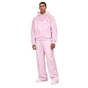 Conjunto de Sudadera con Capucha y Pantalones Anchos para Hombre, Color Rosa, con Pedrería, Estilo Llama, Lujoso, Oversize, Streetwear - Product Image 1