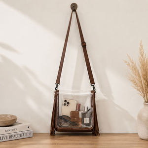 Sac à bandoulière en cuir véritable fait main style western avec une seule sangle réglable et franges transparentes - Product Image 4