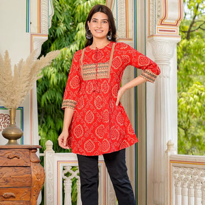Cotton Bandhej Printed <b>Kurti</b> And Floral Blouse Collection Mid Thigh Short <b>Kurti</b> Flared Kurta Regular Blouse Ethnic Women Cloths - Product Image 1