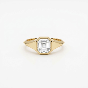 18k Gold Tone Emerald Cut Diamond Prong Setting Geometric Solitaire <b>Signet</b> <b>Ring</b> for <b>Women</b> Engagement - Product Image 1