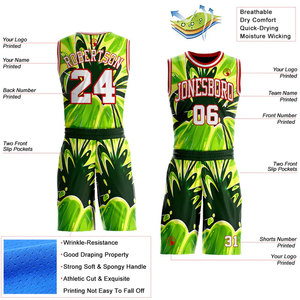 Custom Sublimated Basketball Uniform Set Green Plant Pattern Sleeveless Mesh Breathable Unisex Adult Team Jersey and Shorts - Product Image 2