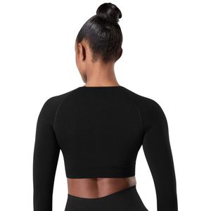 Black <b>Women's</b> Seamless Long Sleeve Crop <b>Top</b> <b>Compression</b> Gym Shirt Fitness Yoga Workout Activewear Stretch Athletic Training - Product Image 2