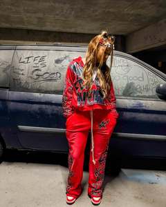 Women's 2 Piece <b>Zip</b> <b>Hooded</b> Crop Top and Sweatpants Set Graphic Print Casual Jogger Activewear Tracksuit - Product Image 1