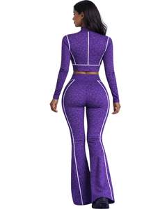 ชุดโยคะสองชิ้นสีม่วงสำหรับผู้หญิง เสื้อครอปซิปและกางเกงขาบานเอวสูง ตะเข็บตัดกัน ชุดออกกำลังกาย ชุดฟิตเนส ผู้ผลิตตามสั่ง - Product Image 3