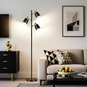 Lampe sur pied contemporaine avec abat-jour en tissu et interrupteur au pied pour chambre à coucher et salon - Product Image 1