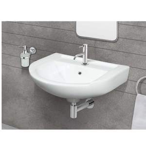 Modern Rectangular Wall Hung Ceramic Wash Basin 465x370x185mm Glossy White Floating Bathroom Sink with Half Pedestal - Product Image 1