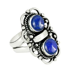 Bague vintage en argent sterling 925 avec lapis-lazuli naturel, bague bohème à deux pierres pour femmes, bijoux ethniques oxydés faits à la main - Product Image 2