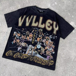 T-shirts grande taille pour hommes, col carré 7-quarts, 100% coton épais, personnalisé avec strass, style vintage délavé à l'acide - Product Image 3