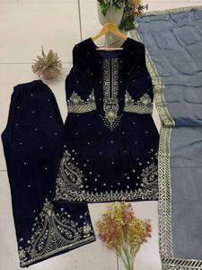 Velvet Embroidered Indian Pakistani Floor-Length Salwar Kameez Set Net Dupatta Wrinkle-Free Traditional <b>Dress</b> for Wedding - Product Image 4