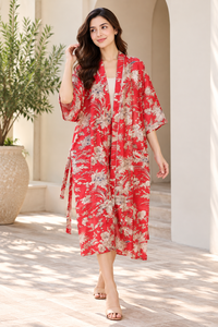 Kimono de Algodón Estampado a Mano con Flores Rojas, Cuello en V, Ropa de Dormir con Bolsillos y Cordón Ajustable, Manga Larga, Ropa de Estar por Casa de Primera Calidad para Mujer - Product Image 4