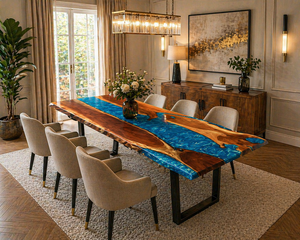 <b>Live</b> <b>Edge</b> Wood Epoxy River Dining <b>Table</b> Ocean Blue Resin Surface Custom Handmade Furniture for Home - Product Image 1