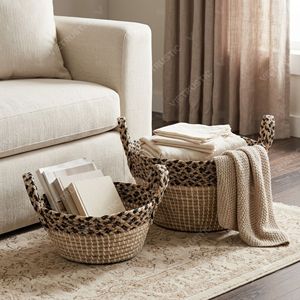 ตะกร้าเก็บของทรงกลมจากหญ้าทะเลพร้อมหูจับ ชุดตะกร้าสานลายทาง ตกแต่งห้องนั่งเล่น ผลิตภัณฑ์จัดระเบียบบ้าน - Product Image 4