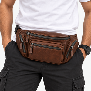 Sac banane en cuir personnalisé avec logo, unisexe, sac bandoulière, plusieurs compartiments zippés, ceinture réglable, sac banane de voyage et d'extérieur - Product Image 6