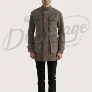 เสื้อแจ็คเก็ตหนังกลับสีเทาสำหรับผู้ชาย ทรงสลิมฟิต หลายกระเป๋า มีเข็มขัด  สไตล์ซาฟารี  เสื้อโค้ทหนังแท้แนวทหาร - Product Image 4