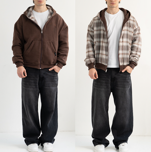 Sweat-shirt à capuche zippé en coton pour homme, motif écossais, molletonné, décontracté, pour l'automne, coupe oversize, léger et écologique, personnalisable - Product Image 2