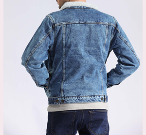 High Quality <b>Men</b> <b>Denim</b> <b>Jacket</b> Full Sleeve Light Wash High Street Fashion Casual Outerwear Front Fleece Lined Eco-Friendly - Product Image 3