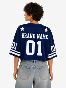 Camiseta Deportiva Retro Varsity para Mujer, con Hombros Caídos, Malla Azul, Diseño de Estrella Personalizado, Estilo Chic - Product Image 3