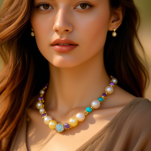 Collier à plusieurs pierres précieuses en or jaune 18 carats avec améthyste, perle, turquoise et diamant - Product Image 3