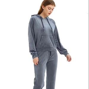 Women's Gray <b>Velour</b> <b>Tracksuit</b> Hooded Full Sleeve Casual Pants Set Autumn Breathable Solid Color Loose Fit Drawstring Closure - Product Image 1