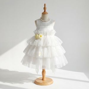Vestido de Princesa de Organza Blanco con Capas, Flores Amarillas en la Cintura, Vestido de Dama de Honor para Boda, Fiesta de Cumpleaños, Venta al por Mayor - Product Image 1