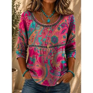 Blusa de Algodón Bordada Estilo Bohemio para Mujer, Manga Tres Cuartos, Cuello Redondo, Estampado Floral, Corte Holgado, Top de Primavera/Verano - Product Image 3