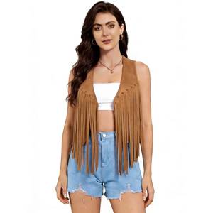 Gilet châle marron à franges pour femme, couleur unie, long à pampilles, sans manches, pour l'été et le quotidien - Product Image 3