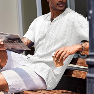 Chemises en tricot pour hommes, style vintage, manches courtes, boutonnées, décontractées, pour l'été, la plage, les vacances - Product Image 5