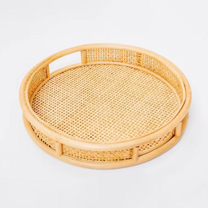 Plateau rond traditionnel en rotin et panier de rangement en rotin pour la décoration - Product Image 1