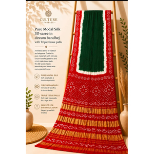 Culture Threads Pure Modal Silk 3D <b>Saree</b> With Bandhej And Triple Tissue Pallu <b>Red</b> Green White - Product Image 1