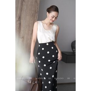 CV629 Black White Polka Dot Satin Polyester Maxi Skirt Women High Waist <b>Thigh</b> Fit Casual Trumpet/Mermaid Design Machine Washable - Product Image 4