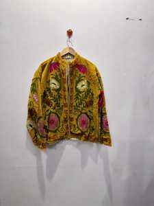 Beige Vintage Floral Women's Winter Velvet Suzani Hand Embroidery <b>Bridesmaid</b> <b>Jacket</b> Coat - Product Image 3
