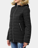 Veste matelassée noire pour femme avec capuche en fausse fourrure, manteau d'hiver chaud avec fermeture éclair et poches latérales