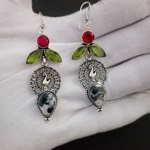 Boucles d'oreilles en jaspe buffle, grenat et péridot, en argent sterling 925, bijoux faits à la main, cadeau pour femme, anniversaire, luxe - Product Image 5