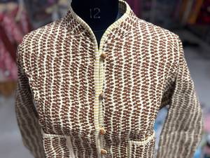 Blazer de Algodón para Mujer con Cuello Mao, Manga Larga, Estampado Geométrico, Otoño, Largo Regular, Tejido, Cierre de Botones - Product Image 2