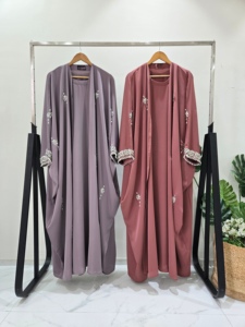 Abaya longue pour femme style Dubaï, respirante, anti-boulochage, en polyester, faite à la main, ornée de sequins et de perles, col en V, manches longues, pour la prière islamique de l'Aïd - Product Image 4